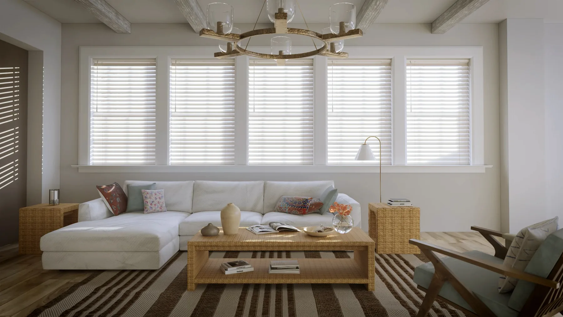 White horizontal custom blinds installed across bright living-room windows