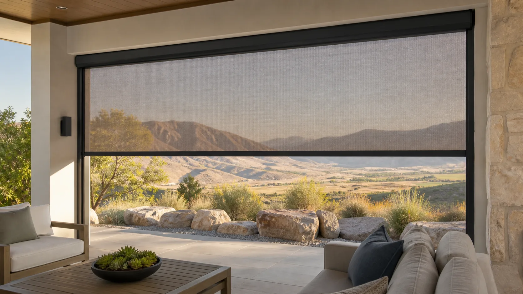 Exterior solar shade with a dark cassette, bottom rail, and side channels enclosing a patio opening